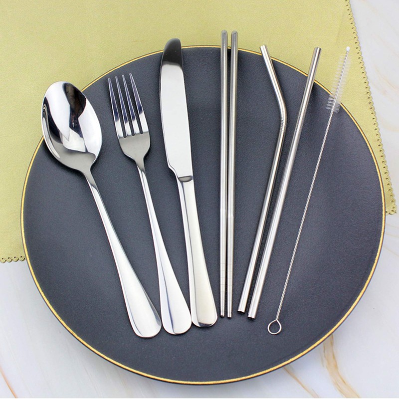 9 Piece Portable Stainless Steel Cutlery Set (Pink)