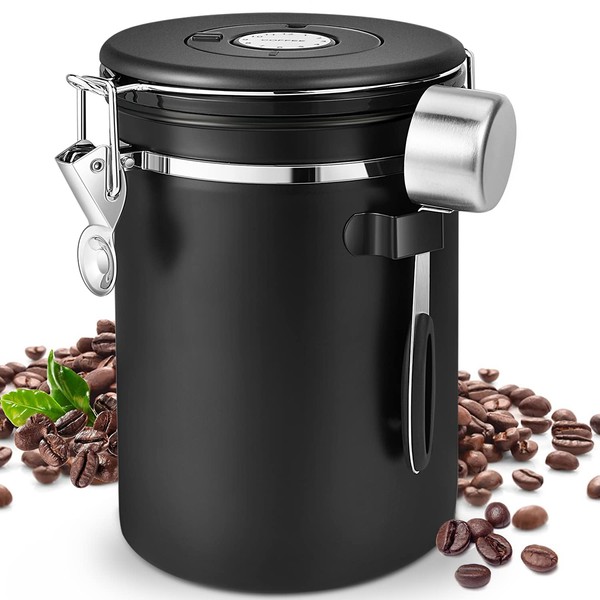 Royouzi Airtight Stainless Steel Coffee Canister, Vacuum Coffee Canister, 1.8 L Coffee Bean Container with Stainless Steel Spoon and Time Attendance Storage, for Tea Nuts, Cocoa Longer and Stay Fresh