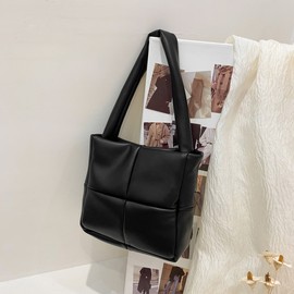 Underarm Bag Lattice Plain PU Simple Elegant Delicate Large Capacity Hand Bag for Shopping Office Black