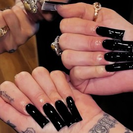 VOTACOS Black Press on Nails Long Square Fake Nails Solid Color Full Cover False Nails Glossy Stick on Acrylic Nails for Women