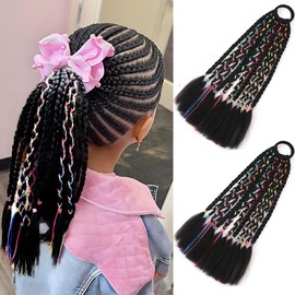 2 Pieces Kids Braided Ponytail Hair Extensions,12 Inches Black Box Braids with Colorful Strings,Hair Accessory Braided Hairstyles for Blackgirl (Black with colorful Strings, 12 Inches)