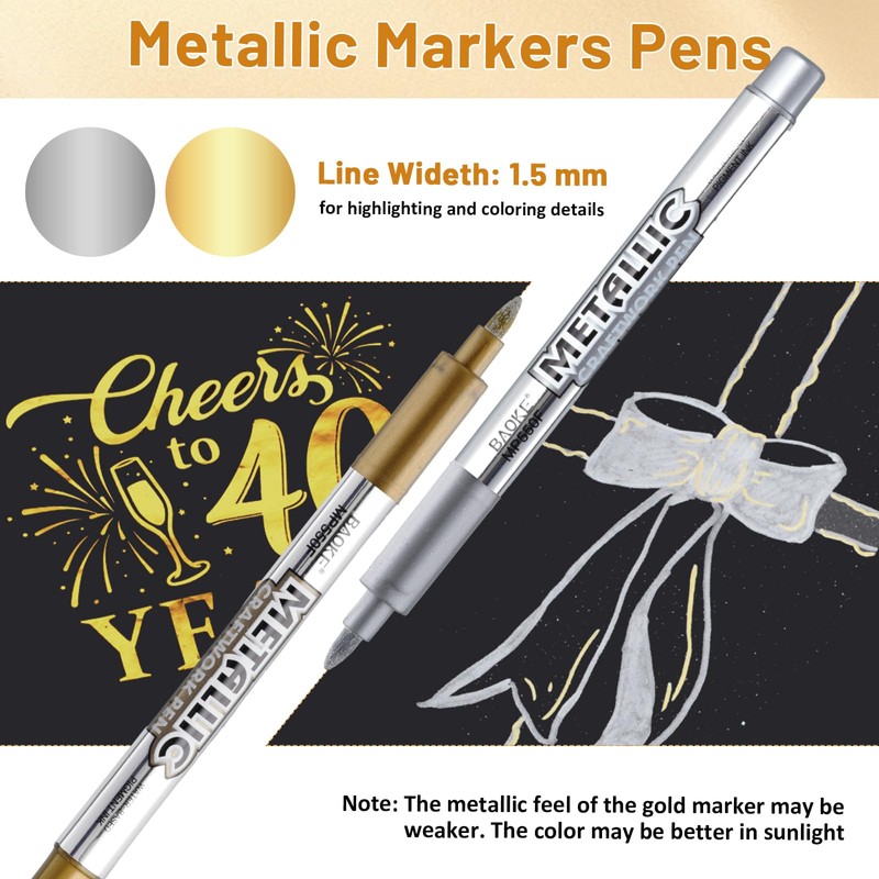 12 Pack Metallic Markers Pens, Water Based Silver & Gold