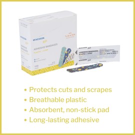 McKesson Kids Adhesive Bandages, Sterile, Plastic Strip, Assorted Prints, 3/4 in x 3 in, 100 Count, 24 Packs, 2400 Total