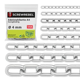 SCREW REBEL 4.0 mm Thick Stainless Steel Chain A4 Rustproof Safety Chain 1 m Long Calibrated Fence Chain Short Link DIN 766 Metal Chain Round Steel Chain V4A with 1 Metre Length