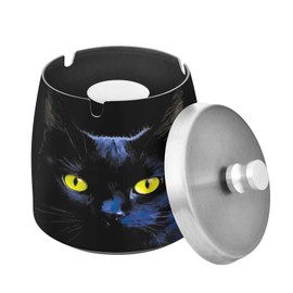 SDMKA Black Cat Ashtray w/Lid, Stainless Steel Ash Tray Smokeless Odorless Windproof Ashtrays for Outdoors, Home, Office, Patio, Balcony Use