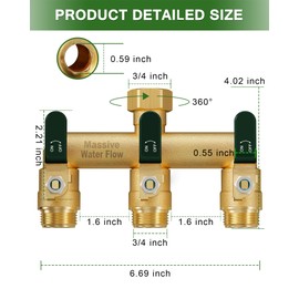 LNEZCDB 3 Way Hose Splitter, Heavy Duty Full Flow Garden Water Hose Bib Spigot Splitter, Brass Rust and Freeze Resistant Outdoor Faucet Splitter, T Adapter Connector with 3/4 - Inch GHT Thread （Green）