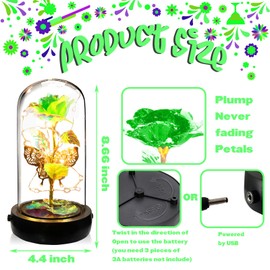 Valentines Rose Flower Gifts for Women, Valentines Day Gifts For Her, Colorful Green Rose in Glass Dome with Music Box, Valentines Flower Gifts for Mom Girlfriend Grandma, Light Up Rose in Glass Dome
