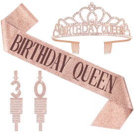 30th Birthday Accessories - 30 Years Old Earring & 'Birthday Queen' Sash and Crown for Women Birthday Decorations Photographic Prop Party Favors