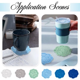 Handship 4 Inch Winter Crochet Lace Coasters Set of 12, Blue Handmade Crochet Cup Mats Polyester Cotton Lace Drink Coasters with 1pc Bamboo Rattan Basket for Kitchen Coffee Table Decorations