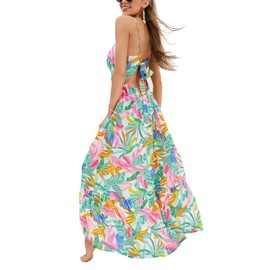 CUPSHE Women's Maxi Dresses V Neck Beach Sleeveless Cutout Ruffled Formal Spaghetti Straps Casual Long Summer Dress Pink Tropical, M