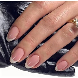 Uñas postizas acrílicas reutilizables con punta francesa en color rosa, almendra corta, cobertura total, 24 unidades (12 tamaños) para mujeres y niñas