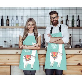 Moslion Cute Llama Apron,Animal Alpaca with Bohemian Cloths Word No Drama Llama Medium Turquoise Apron,Adjustable Neck Bib for Men Women,Suitable for Kitchen Cooking Waitress Chef