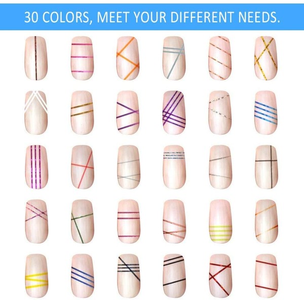 60 PCS Colours Striping Tape Line, Nail Art Stripes Nail Line Stickers Nail Strips Tape Decoration DIY Nail Tips, 30 Colors