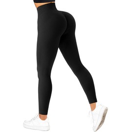 SUUKSESS Women Ribbed Seamless Leggings High Waisted Tummy Control Workout Yoga Pants (Black, L)