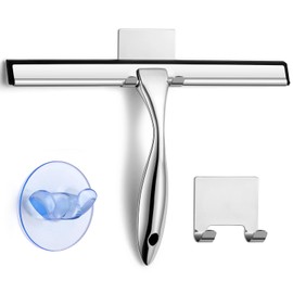 All-Purpose Shower Squeegee for Shower Doors, Bathroom, Window, Glass and Car Windshield, Includes Suction Hook & Adhesive Hook, 18/8 Stainless Steel, 12", Silver