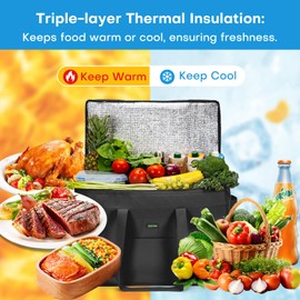 JUNGYOON Insulated Reusable Grocery Bags, Insulated Cooler Bag Strong Zipper and Bottom plate Durable Shopping Bags Ideal Food Delivery Bags for Freshness(Black,XL)