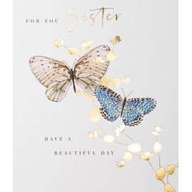 Paperlink Sister Birthday Card - Butterflies and Flowers with Gold Foil - Eco-Friendly and Recyclable