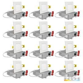 NUWATT 12 Pack 3 Inch Square Ultra-Thin LED Recessed Lighting, Selectable 2700K/3000K/3500K/4000K/5000K, 550 Lumens Dimmable, IC Rated, White Slim Panel Light, Canless Wafer Lights, Metal J-Box