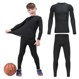 HOPLYNN Youth Boys' Compression Leggings Athletic Shirt Tights Top Base Layer Set Sports Youth for Kids Balck XL