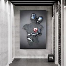 DLKAJFK 3D Romantic Lovers Metal Portrait Sculpture Abstract Poster, Love Kiss Picture Mural, Fashion Girl Sport Car Beauty Poster,Frameless (Picture-02,1Pcs-20x30cm)