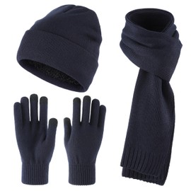 Home Prefer Men's Knit Beanie Hat Scarf Gloves Cold Weather Set Long Neck Scarf Touchscreen Gloves Winter Cap with Fleece Lined Beanie for Men Navy Blue