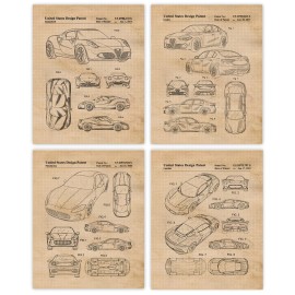 Stars By Nature Classic Alfa Romeo Maserati Car Patent Prints, 4-8x10 Art Decor Home Work Office