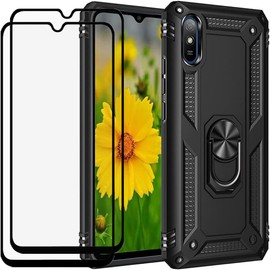 DuoLide for Xiaomi Redmi 9A Case with Tempered Glass Screen Protector, Hybrid Heavy Duty Dual Layer Anti-Scratch Shockproof Defender Kickstand Armor Case Cover, Black