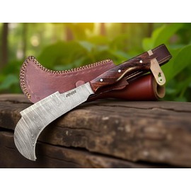 Hand Forged Damascus Steel Billhook Machete Knife – Heavy Duty Sickle Garden Tool for Cutting Trees, Yard Work, Weeding, and Camping – Survival Machete with Leather Sheath and Belt Loop