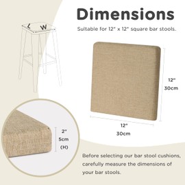 AddGrace Anti-Slip Bar Stool Cushions Square Bar Stool Seat Cushions with Ties Set of 2 Small Square Chair Pads with Machine Washable Cover 12"X12"X2" (Beige)