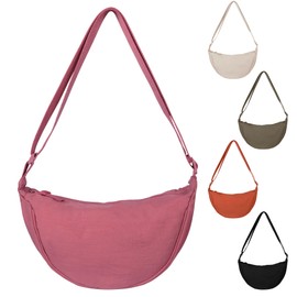 Jiusely Crescent Hobo Cross Body Bag Pink Nylon Dumpling Bag Nylon Crescent Bags Women Nylon Shoulder Bag with Zipper Portable Crescent Purse with Adjustable Strap for Women Daily Use Shopping Work