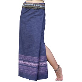 RaanPahMuang Mixed Cotton Thai Tube Wrap Skirt with Floral Belt, Medium, Zigzag Elephant - Dark Blue