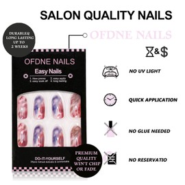 Press on Nails Short Oval OFDNE Ombre Fake Nails Blue & Red False Nails with Designs Ink Smudge Full Cover Glossy Glue on Nails Acrylic Nails Stick on Nails for Women Girls 24 Pcs