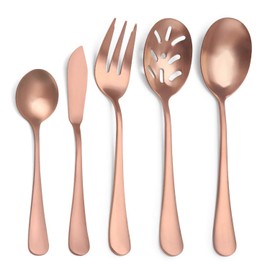 Matte Rose Gold Serving Set，SHARECOOK 5-Piece 18/0 Stainless Steel Large Hostess Set with Round Edge, Satin Finished, Dishwasher Safe -Spoons, Forks,Butter Knife& Slotted Spoon
