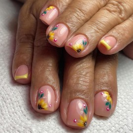 Flower Press on Nails - Short Square Fake Nails with Sunflower,Leaf Design - Nude False Nails Press ons - Reusable Acrylic Nails Glossy Full Cover Stick on Nails for Women Manicure 24 Pcs