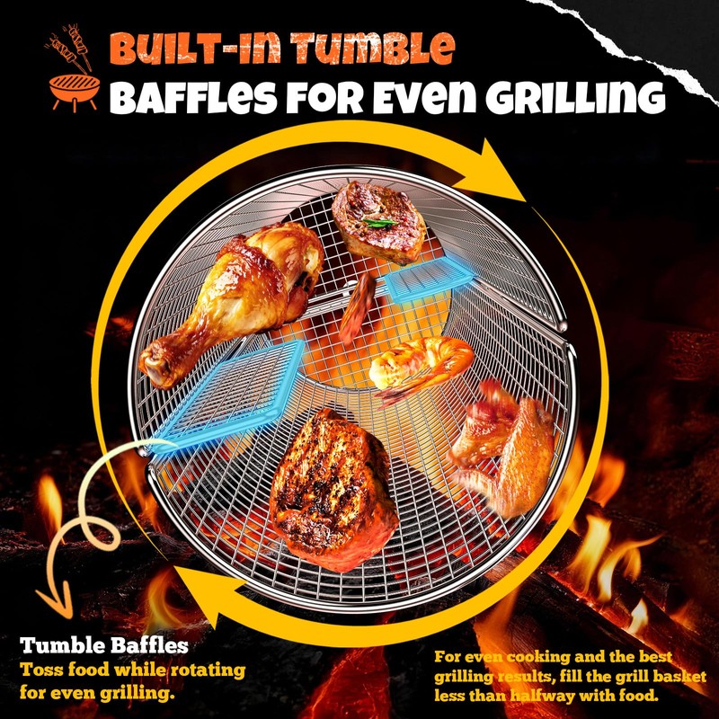 2-in-1 Rolling Grill Basket 304 Stainless Steel Rotatable with Dual