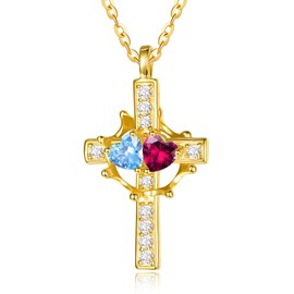 Aquamarine Ruby Jewellery March July Birthstone Gold Cross Necklace for Women Sterling Silver Cross with Crown Necklace Gold Crown Pendant Wedding Anniversary Birthday Gifts for Women