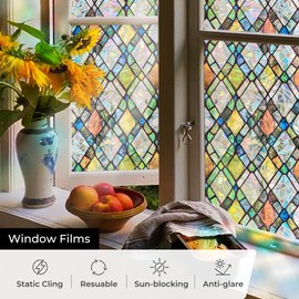 ADD.HERES Window Privacy Film, Stained Glass Decorative Static Cling, Removable Laser Sun Blocking Vinyl Covering,Window Film for Home Kitchen Living Room, Rainbow Crystal Shards, 17.3 x 78.7in
