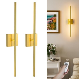 VOLISUN Battery Operated Wall Sconce Set of Two, Gold Rechargeable Wall Lights with Remote Control, 3000K-6500K Dimmable Wall Lamp, 27.6 Inch LED Wireless Wall Lights for Bedroom, Living Room,Hallway