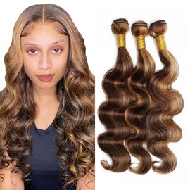 Ombre Brown and Blonde Body Wave Bundles Human Hair P4/27 Bundles 16 18 20 Inch Two Tone Blonde Bundles Mixed With Brown Bundles Hair Extensions for Women Highlight Bundles