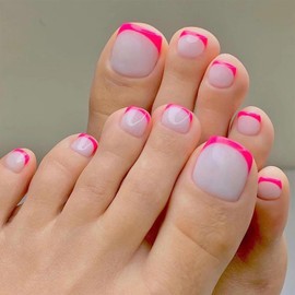 Press on Toenails French Tip Fake Toe Nails Pink False Toenails Glossy Full Cover Acrylic Glue on Toenails with Designs Summer Toe Press on Nails Artificial Stick on Toenails for Women Manicure 24Pcs