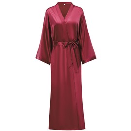 V Vaborous Women's Soft Satin Robes Long Silk Kimono Robes Plus Size Full Length Robes Long Bridal Robes Silky Kimonos Sleepwear, Wine, 2XL/3XL