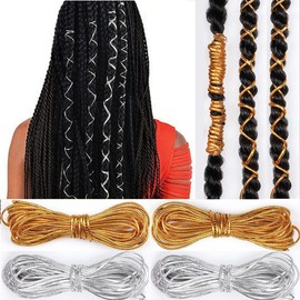 4 Pieces 5M Elastic Cords Braids Hair Dreadlock Braids Hair Accessories Metallic Tinsel Stretch Cord Ribbon Gold Silver String Jewelry Thread for Hair