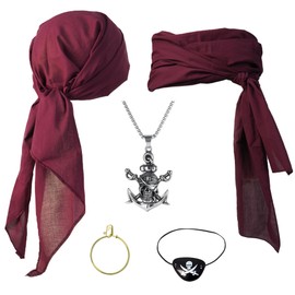 Cotton Pirate Costume Accessories Set for Men And Women Head Scarf Sash Belt Dress With Earring And Necklace (Burgundy)