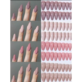 96pcs(4 Color)Long Almond Glossy Acrylic Press On Nails Long Nails Design Perfect Fit False Nails Set, Include: 1pcs Jelly Glue And 1pcs Nail File, For Woman & Girl Daily Wear Rave Party Use (Multicolor-2)
