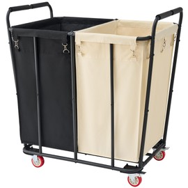 Hoctieon 2 Section Laundry Sorter Cart, 400L Rolling Hamper with Wheels, Industrial Laundry Basket Organizer, Extra Large Dirty Clothes Hamper for Home & Hotel, Heavy Duty, Black+Beige
