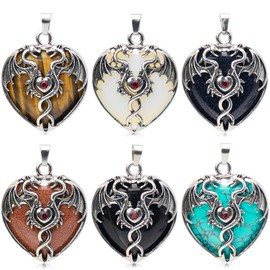 Flemtai 6 Pieces Crystal Dragon Pendants for Men Women Heart Shaped Alloy Dragon Inlay Design Natural Gemstone Quartz Charm for Jewelry Making Necklace