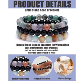 BOMAIL 3PCS Semi-Precious Gemstone Bracelet - Healing Crystal Stone Beaded Bracelets for Women Men 8mm Round Beaded Stretch Bracelets Unisex Stress Relief Yoga Bracelets