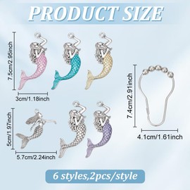 FREEBLOSS 12Pcs Shower Curtain Hooks Rings with Mermaids Pendant Rust Proof Stainless Steel Bathroom Curtain Hooks for Shower Rods