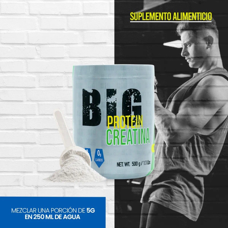 Creatina Monohidratada 500 Gramos Big Protein 100 Servicios Sabor Naranja