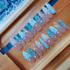 Gleamrain 3D Handmade Press on Nails Long Almond Handcrafted Nail Art with Designed Summer Beach Press Ons for Women and Girls /20 Piece Set